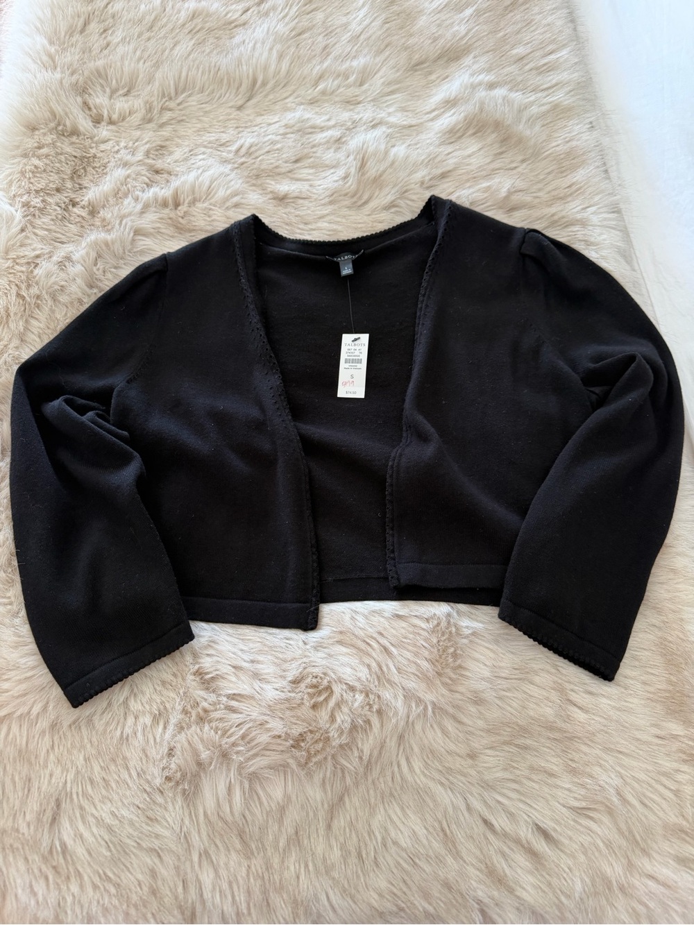 Talbots Black Cropped Open-Front Cardigan with Puff Sleeves